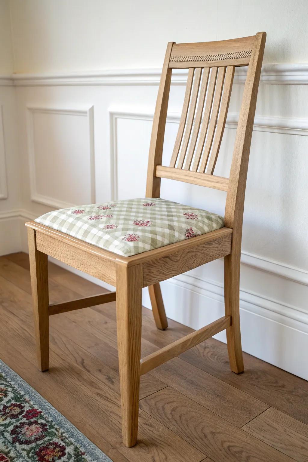 Soft cottage layering: one oak chair with floral, check & stripe cushion—mixed patterns, calm feel.