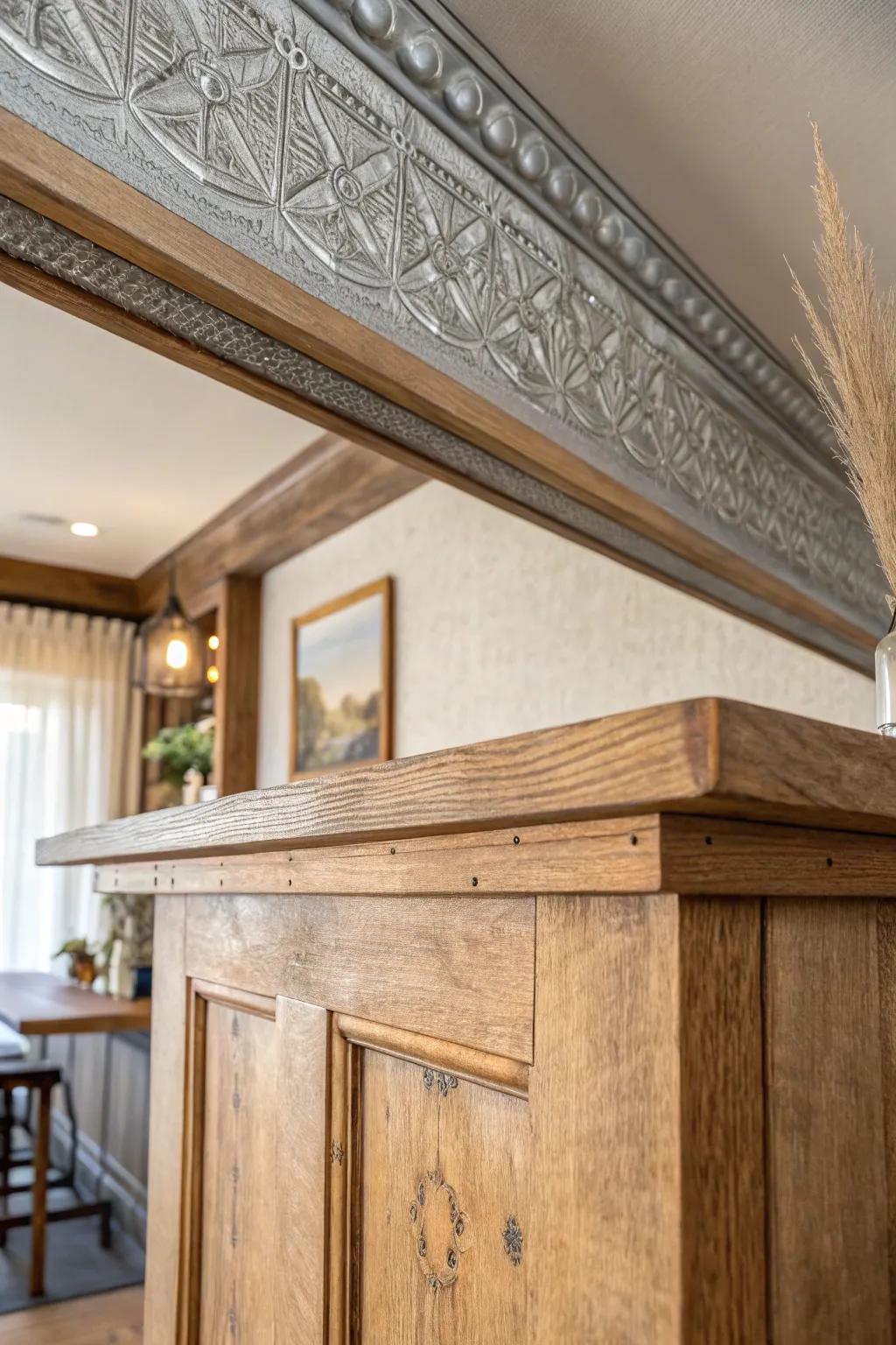 Vintage tin ceiling strip over rustic wood trim—an easy country bar upgrade with big contrast.