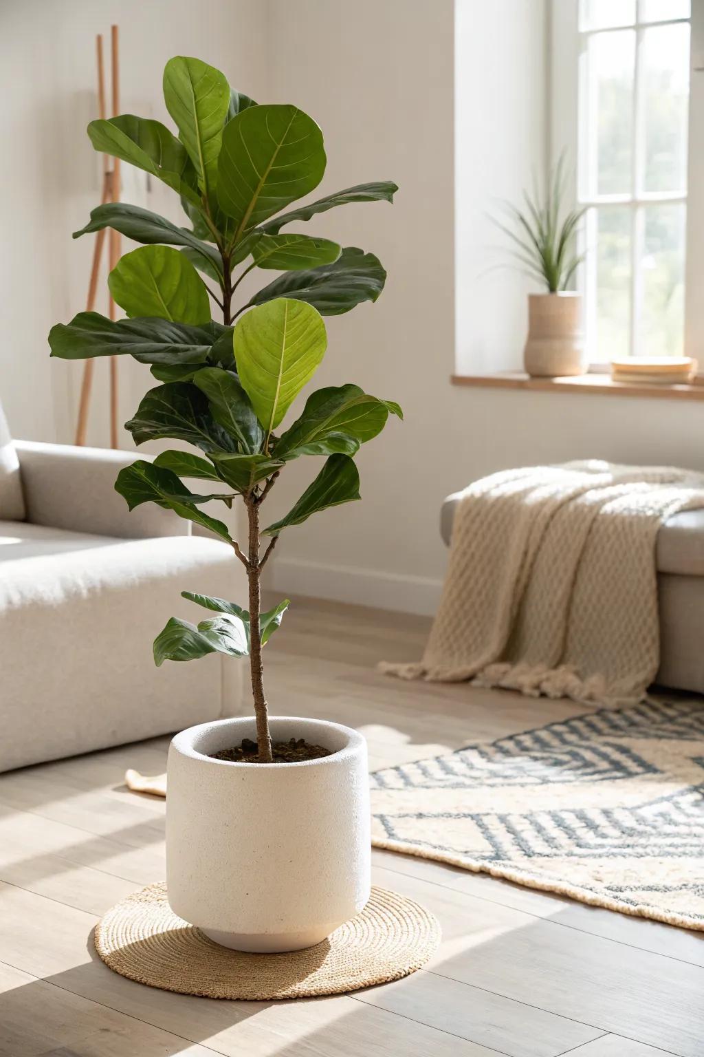 One oversized plant adds life and calm—minimal effort, maximum cozy, nature-forward style.