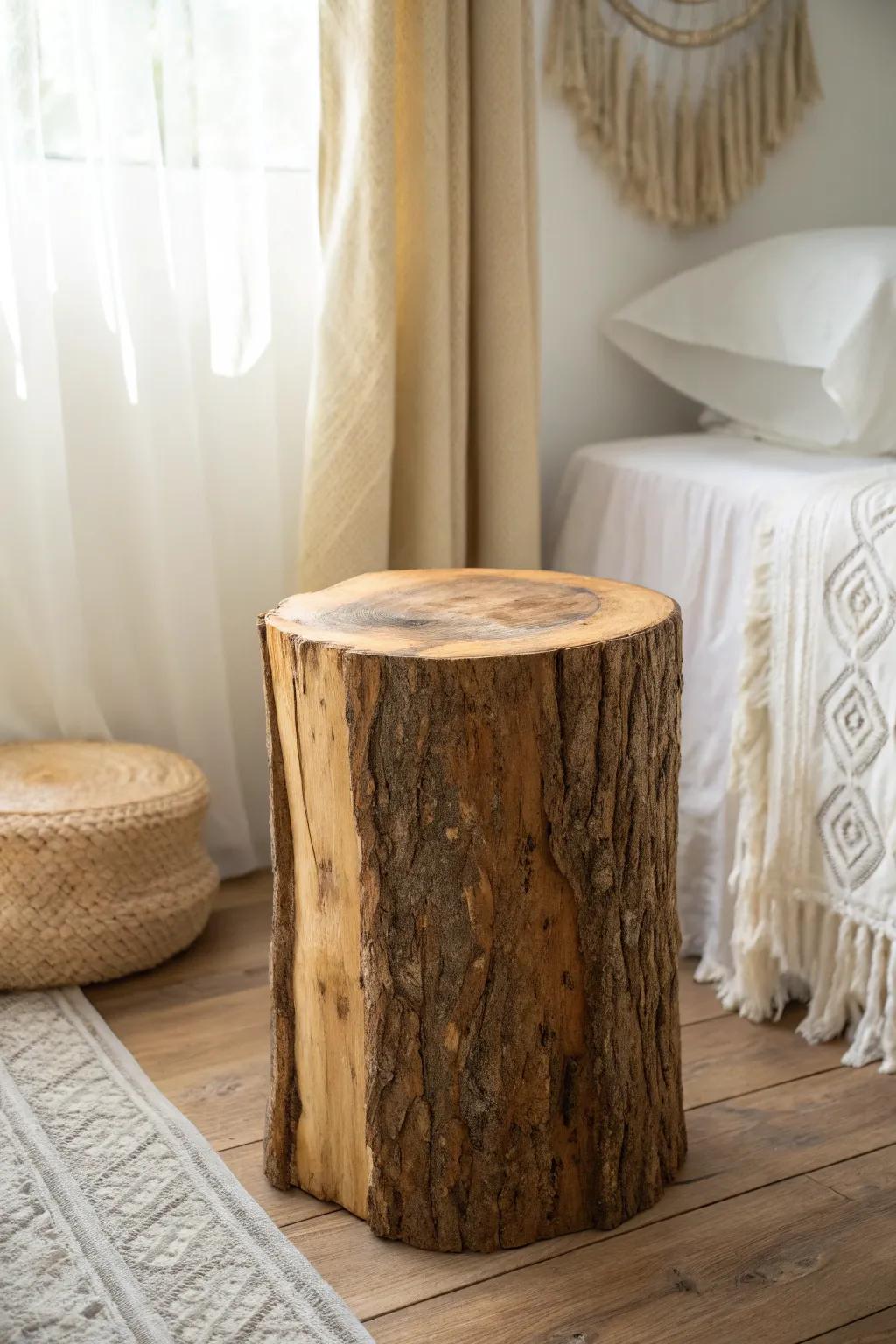 Natural wood stump side table with bark edge—rustic warmth for a cozy minimalist bedroom.