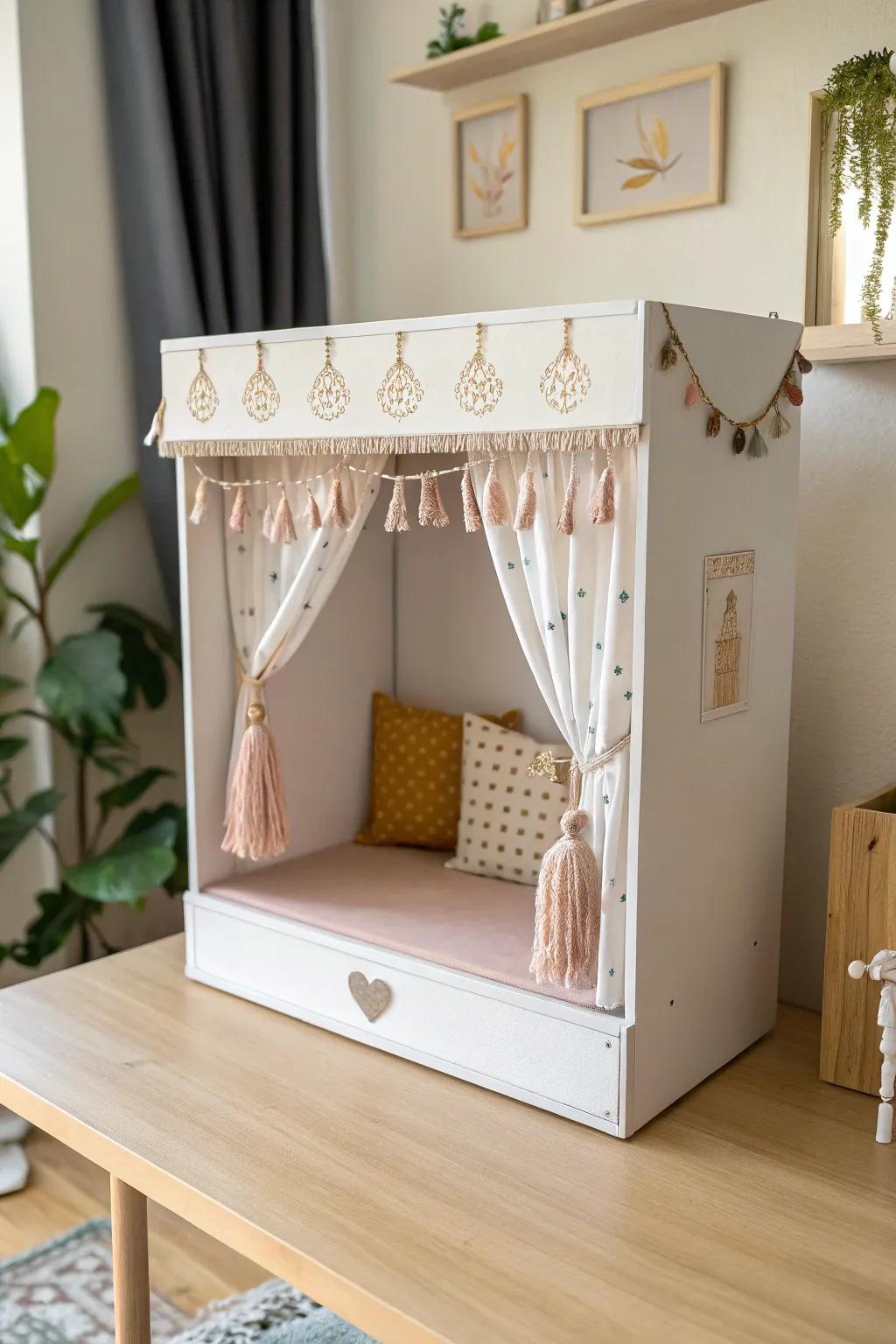 Transform a simple shoe box into a stage of imagination and elegance with this minimalist puppet theater.