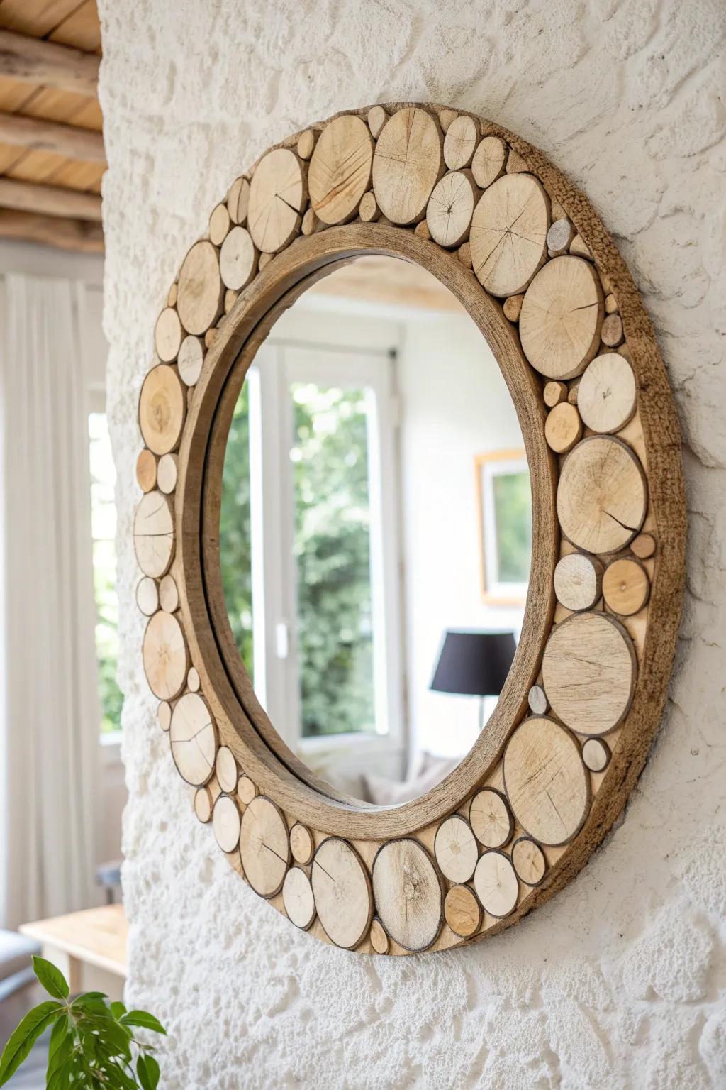Rustic-meets-minimal wood slice mirror frame—natural rings, soft tones, and handcrafted texture.