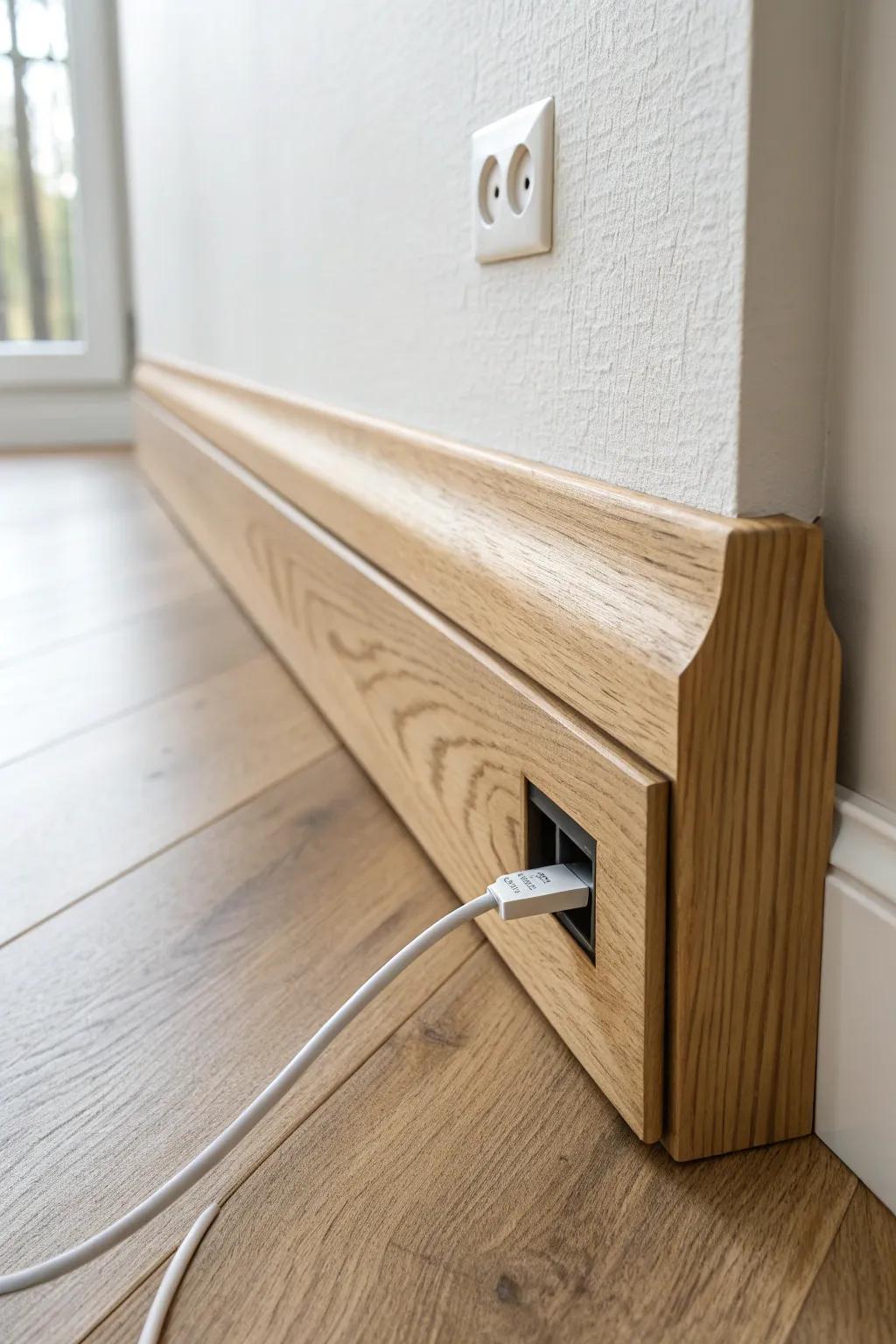 A sleek built-in baseboard cable channel for a clean, cord-free floor line.