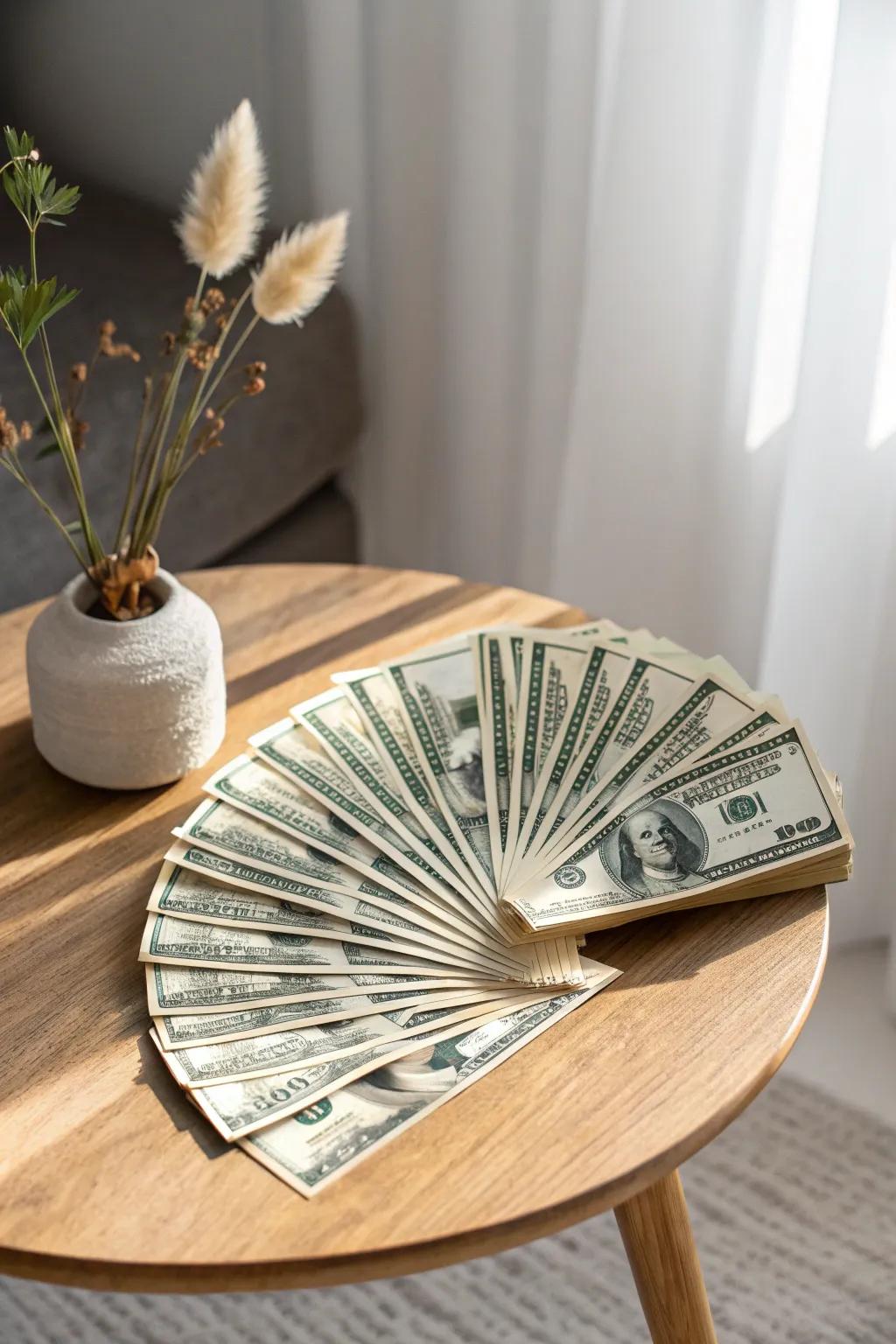 Elevate your table setting with this elegantly folded money fan, where simplicity meets artistry.