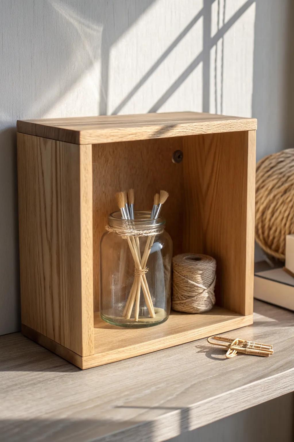 Clear jars in wooden cubbies make craft supplies feel curated, calm, and beautifully visible.