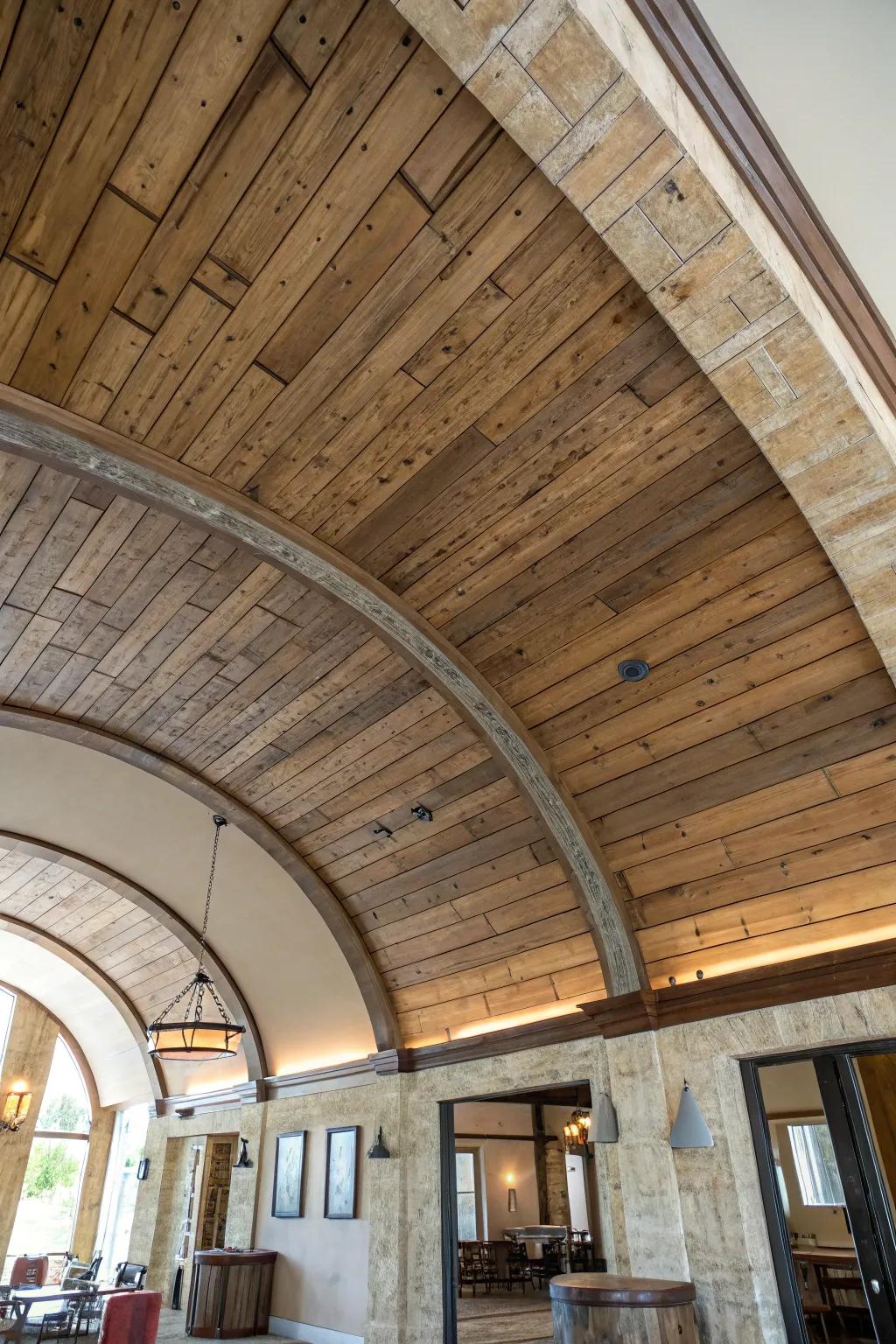 Reclaimed wood planks wrapped in an arch—mixed tones and patina make the curve feel intentional.