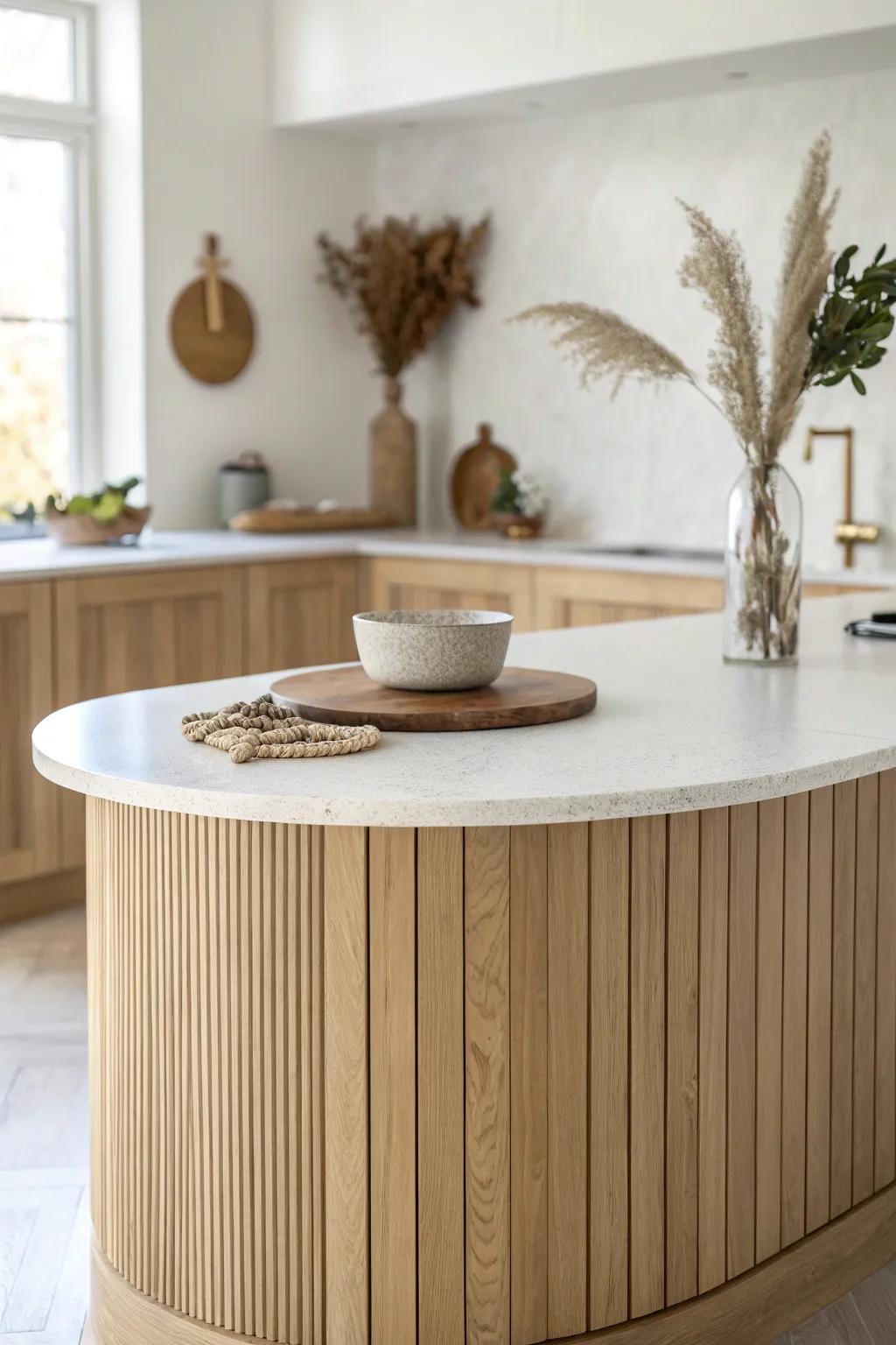 A semi-circle kitchen island that wraps prep tools close—an ergonomic cooking cockpit in warm oak.