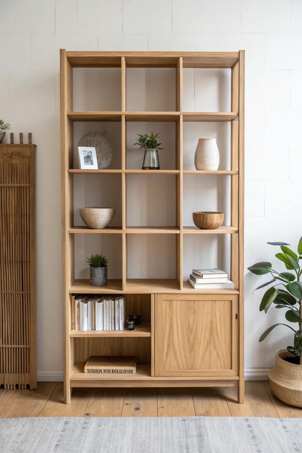 Light oak room-divider shelving with airy open windows—craftsmanship meets calm Scandinavian style.