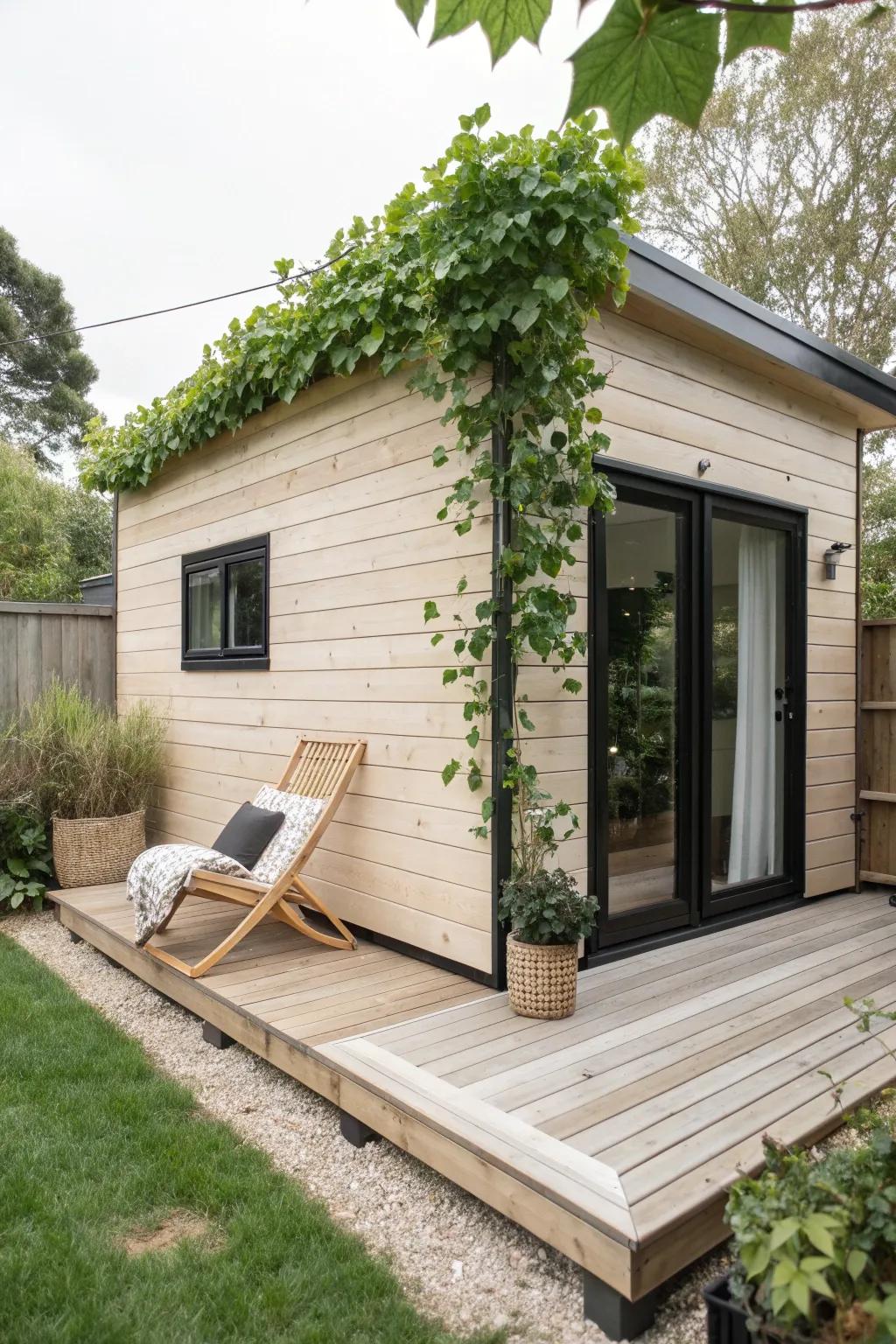 Dreamy backyard cottage studio: warm wood, petite deck, and vines for a garden retreat.