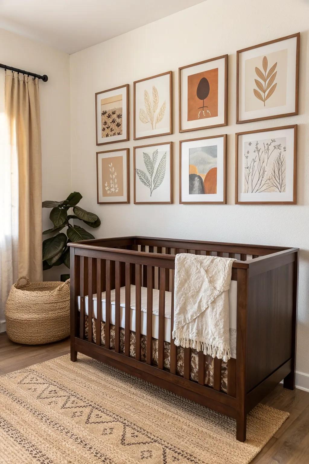 Dark walnut crib with warm-neutral gallery wall—light wood and black frames for balance.