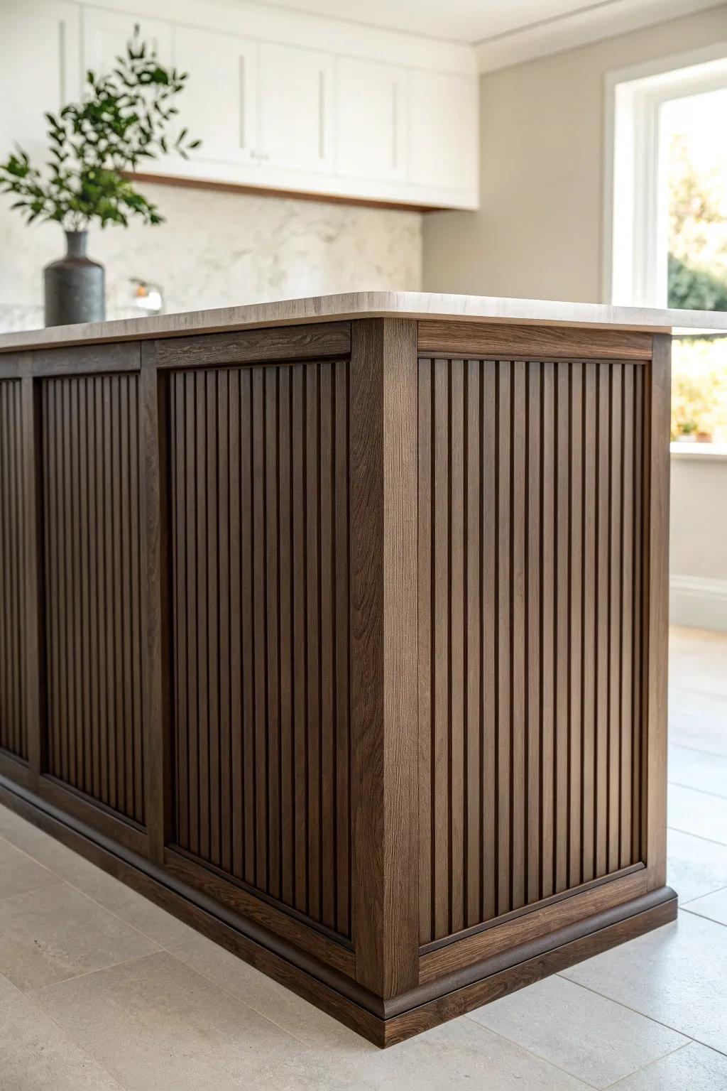 Vertical paneling on a dark island adds texture, hides dings, and makes it feel custom.