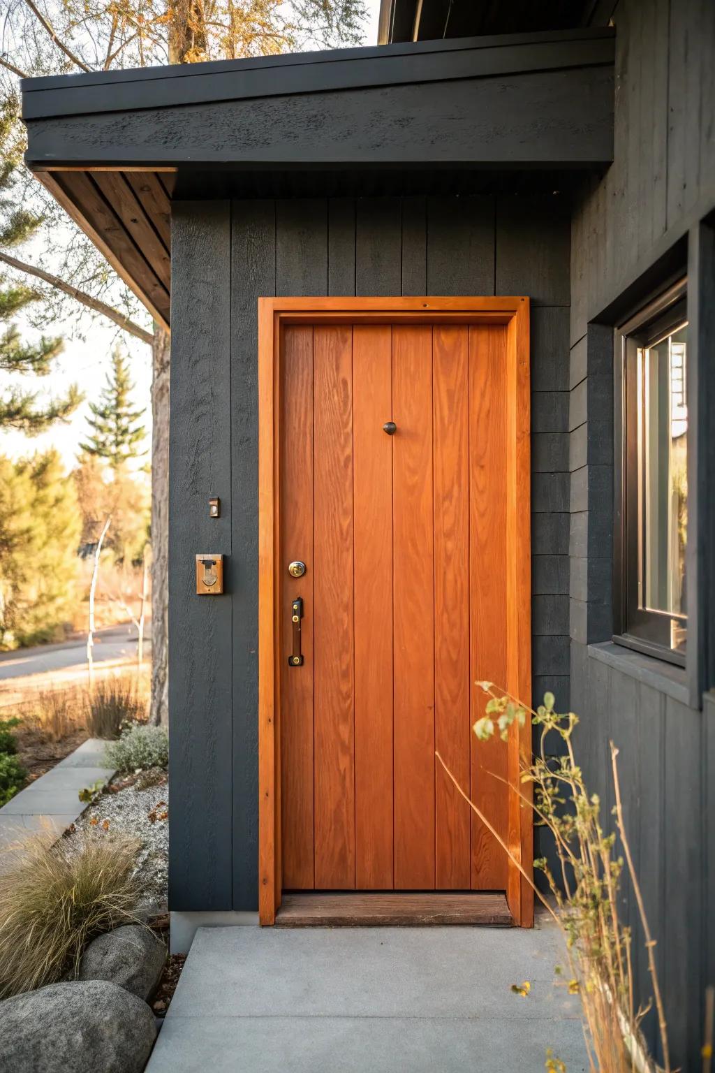Burnt orange door on dark gray siding—bold autumn warmth with modern Scandinavian calm.
