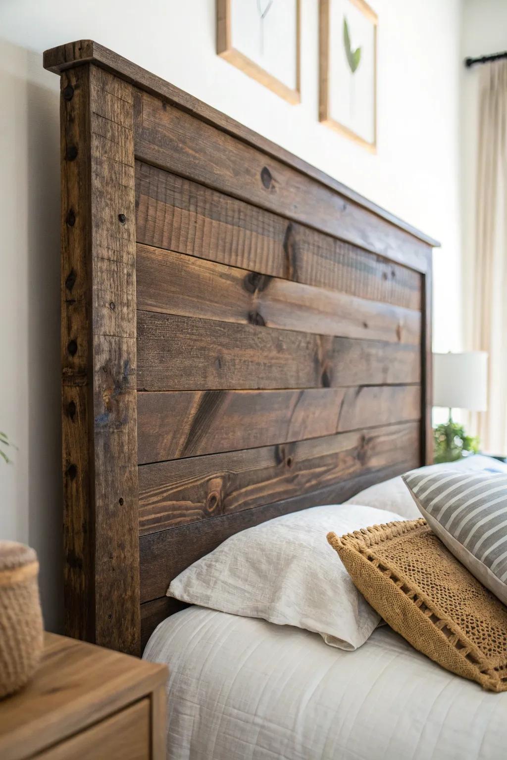 Dark reclaimed-wood headboard with knots and nail holes for instant story and texture.