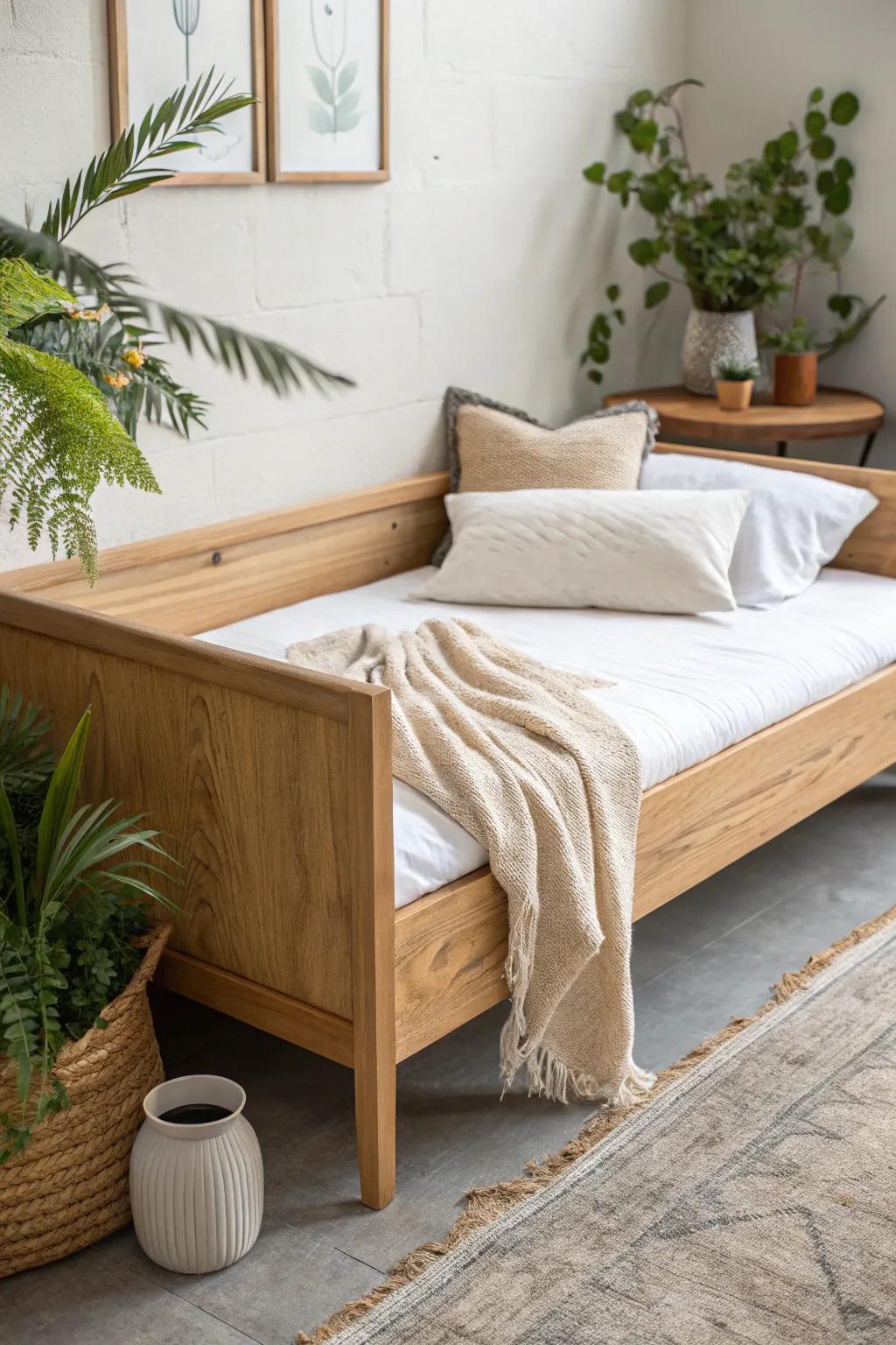 Cluster leafy plants by a handcrafted wooden daybed to soften corners and create a calm escape.