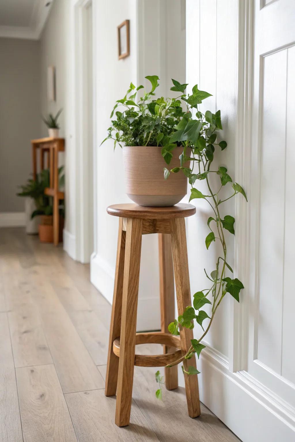 A slim upcycled wood stool plant stand adds greenery to a narrow hallway—no lost space.