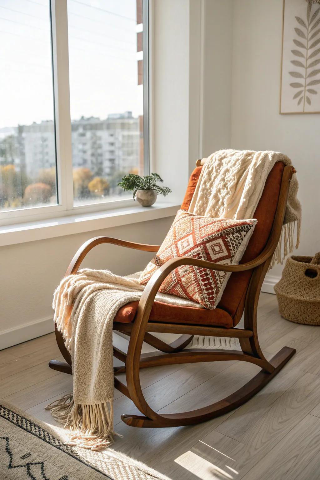 Refresh an old rocking chair by swapping a pillow cover and throw blanket with the seasons.