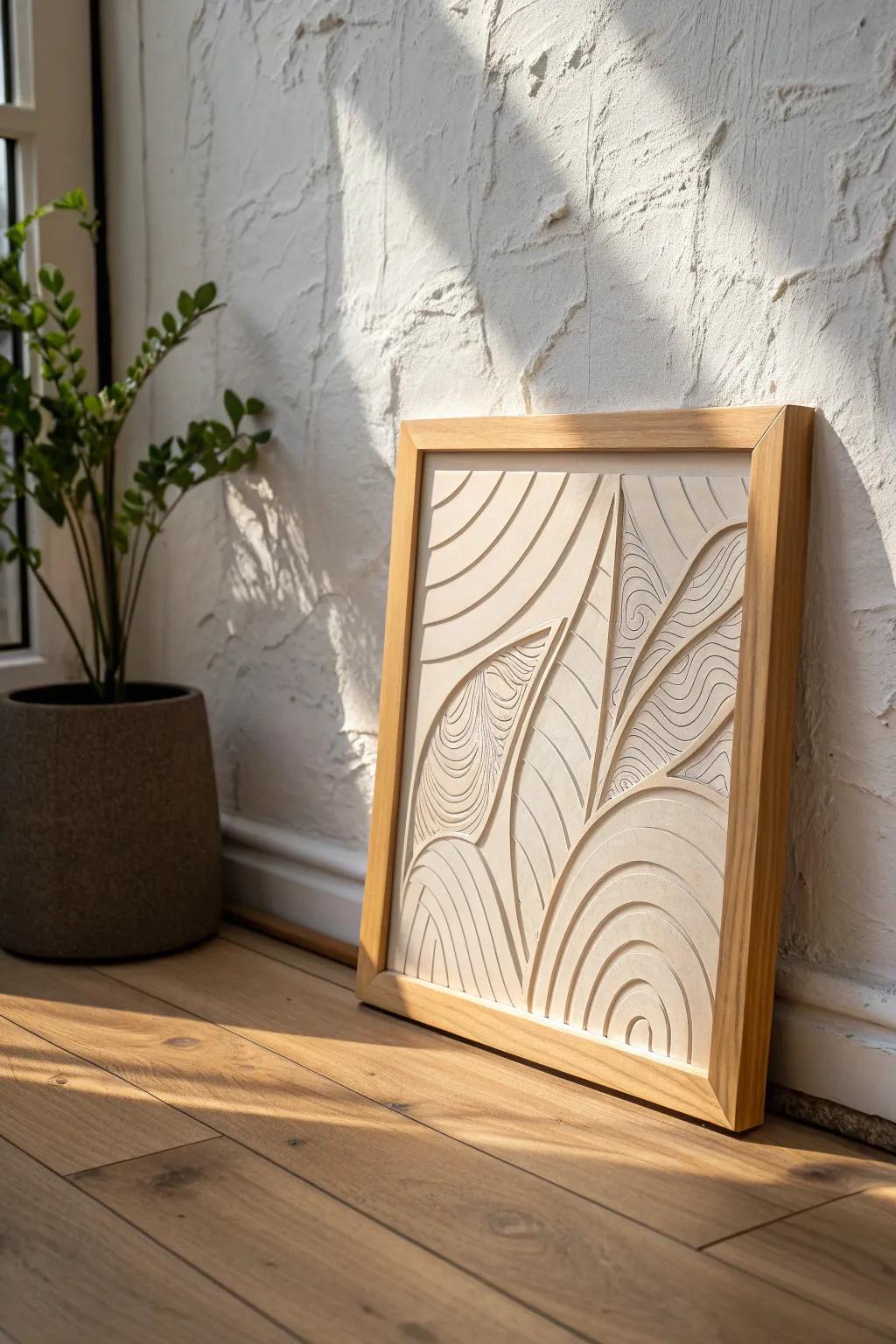 Laser-cut topo lines in birch plywood—simple mountain soul, stunning shadows in window light.