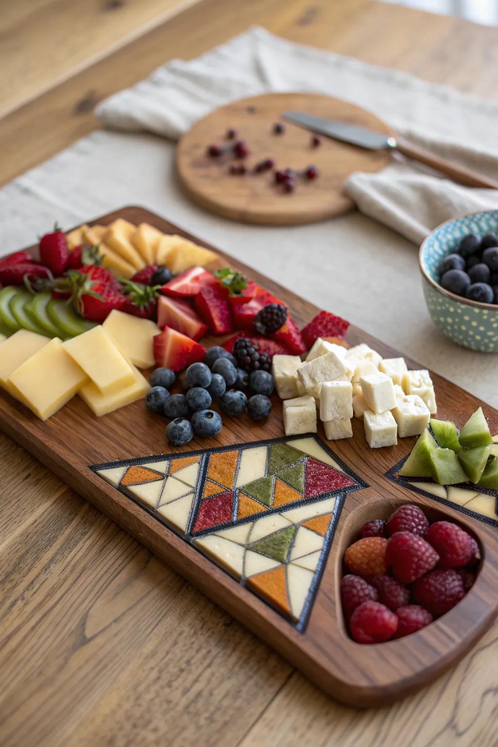 A stained-glass charcuterie mosaic—bright angles, crisp “leading,” and warm wood grain.