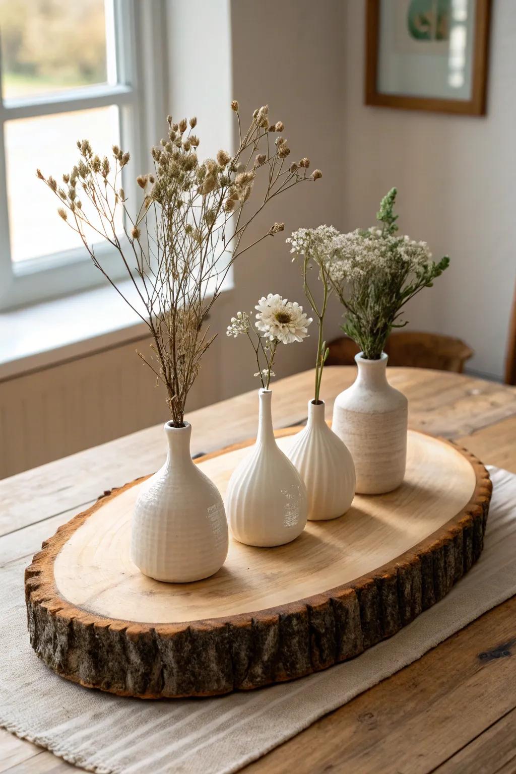 Live-edge slice tray with tiny bud vases—an airy “garden row” centerpiece with natural warmth.