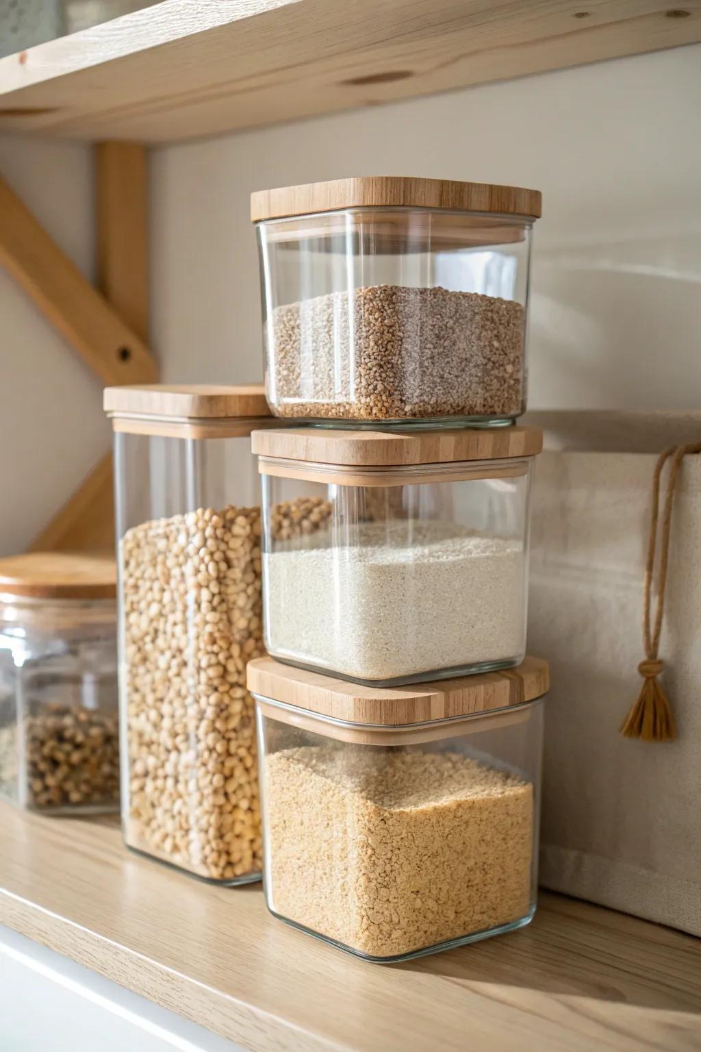 Uniform canisters make deep RV pantry shelves neat, stackable, and easy to inventory.