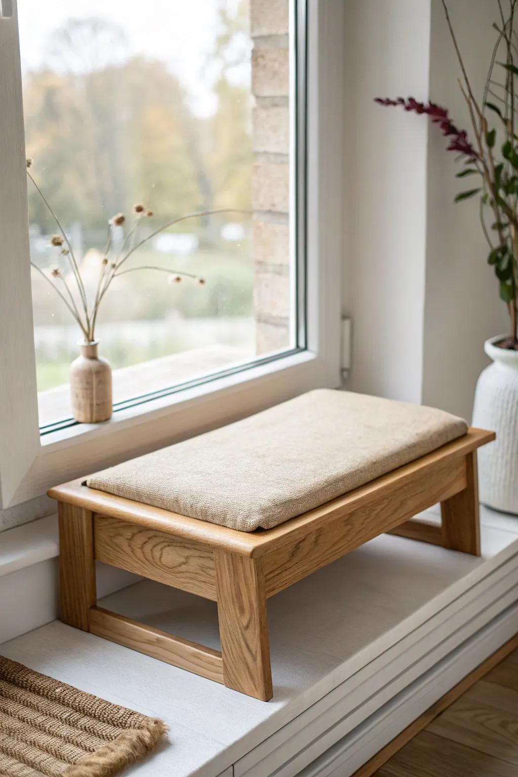 A removable oak ledge with a washable linen mat—protects the sill and gives cats a view.