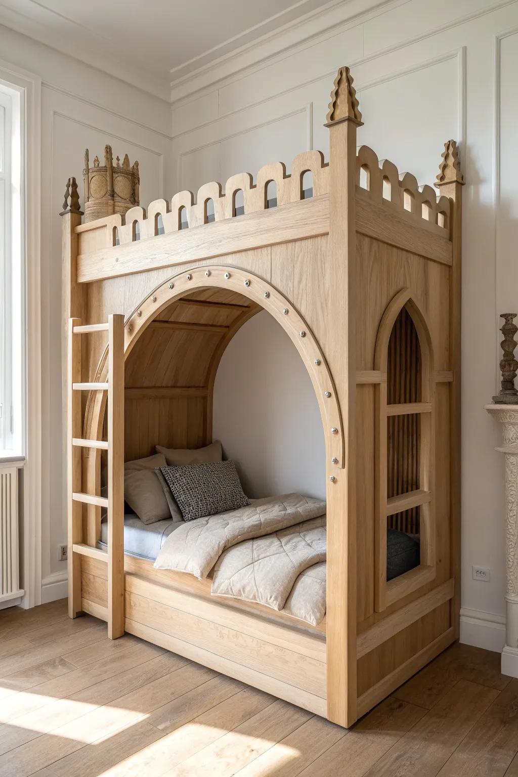 Rounded arch + layered trim turns built-in bunks into subtle, grown-up castle facades.