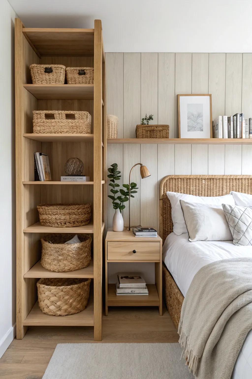 Open shelving headboard divider with woven baskets—and a hidden desk just behind the bed.