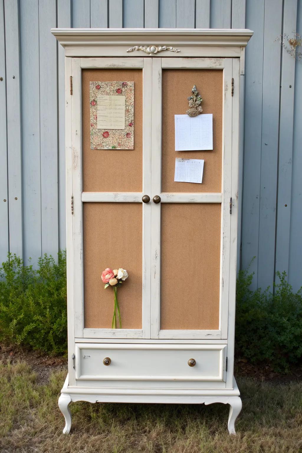 Upcycled cabinet door bulletin board—trimmed, cork-filled, and perfectly chic for your desk.