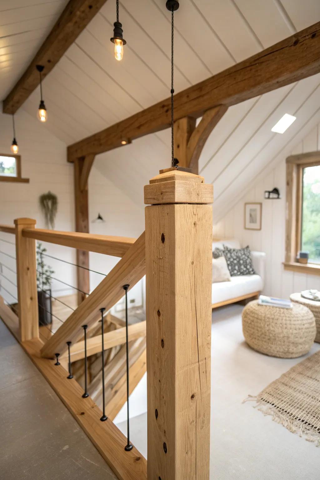 A cozy loft nook adds cabin-like charm—chunky beams, warm wood, and a simple guest retreat.