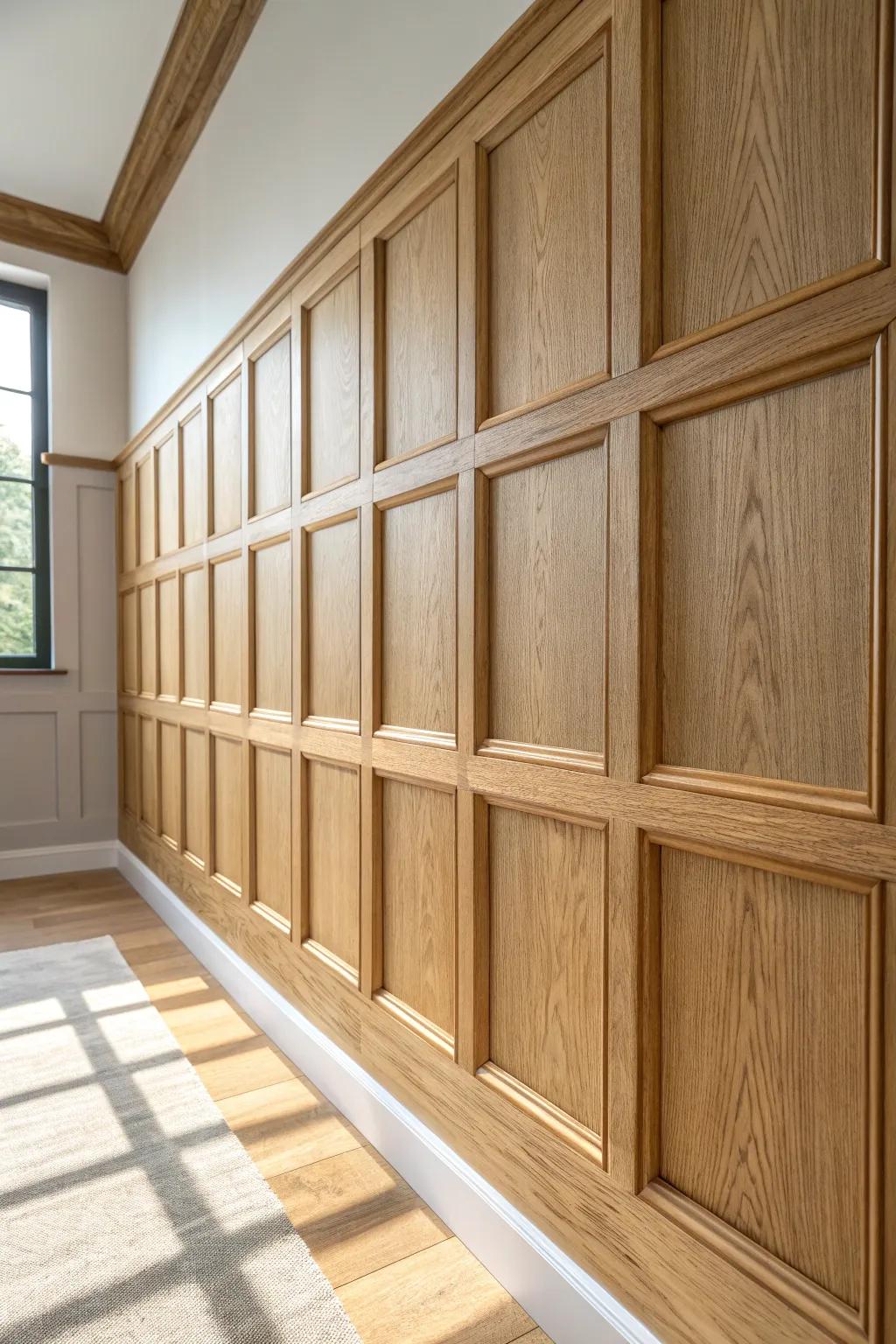 Geometric oak box panels: modern, handcrafted wall detail with soft light and crisp contrast.