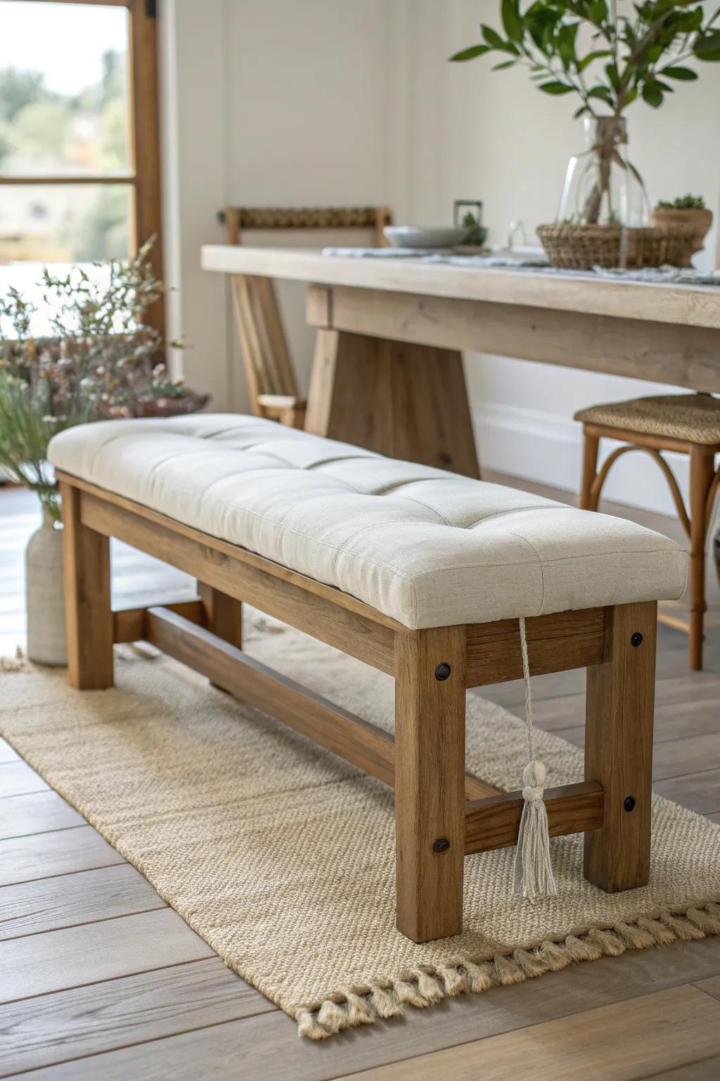 Handcrafted oak bench with a linen cushion—slides from dining table to lounge in seconds.