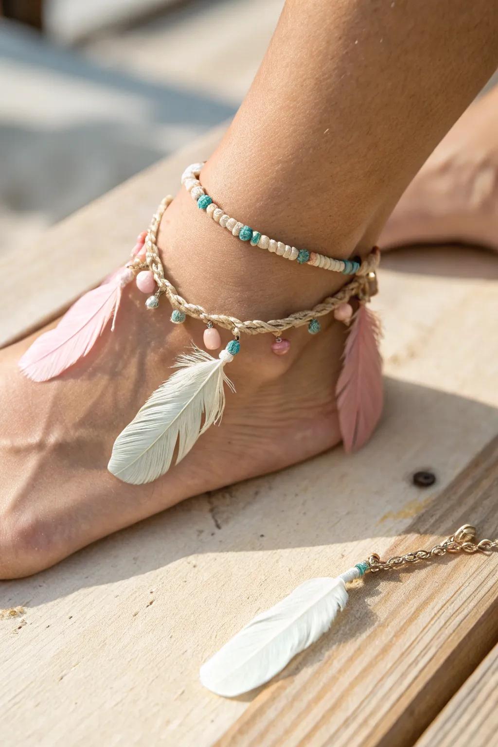 Embrace your free spirit with a feather-adorned anklet, perfect for festival vibes.