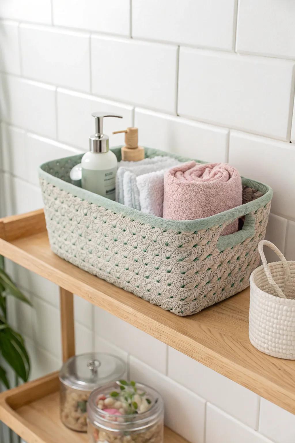 Elevate your bathroom storage with chic upcycled baskets for a touch of minimalist charm.
