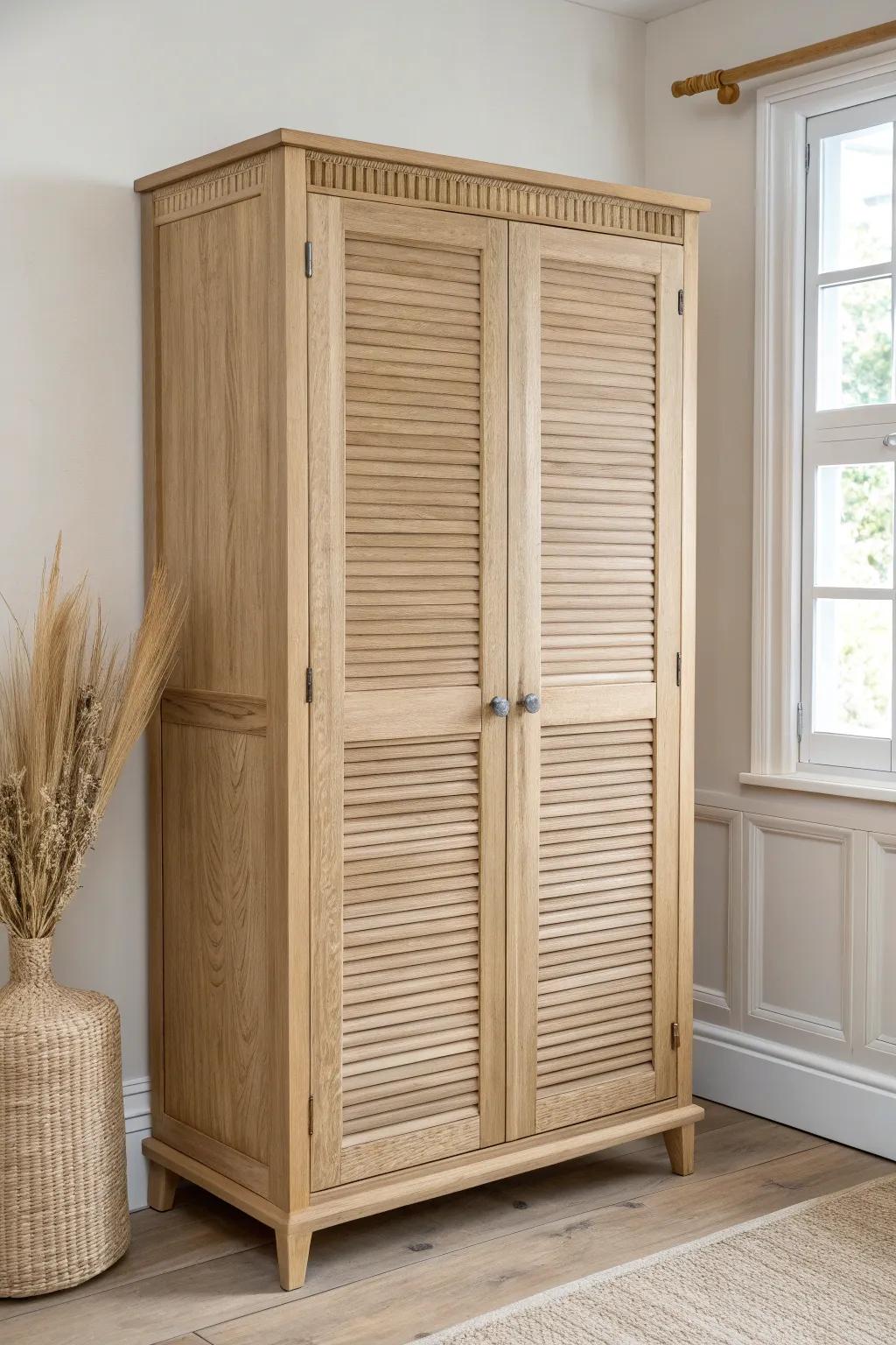 Shutter-front oak wardrobe cabinet: cozy farmhouse charm with clean Scandinavian simplicity.