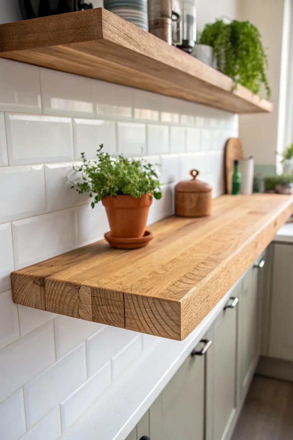 Thick-edge butcher block floating shelf—simple, chunky, and effortlessly high-end.