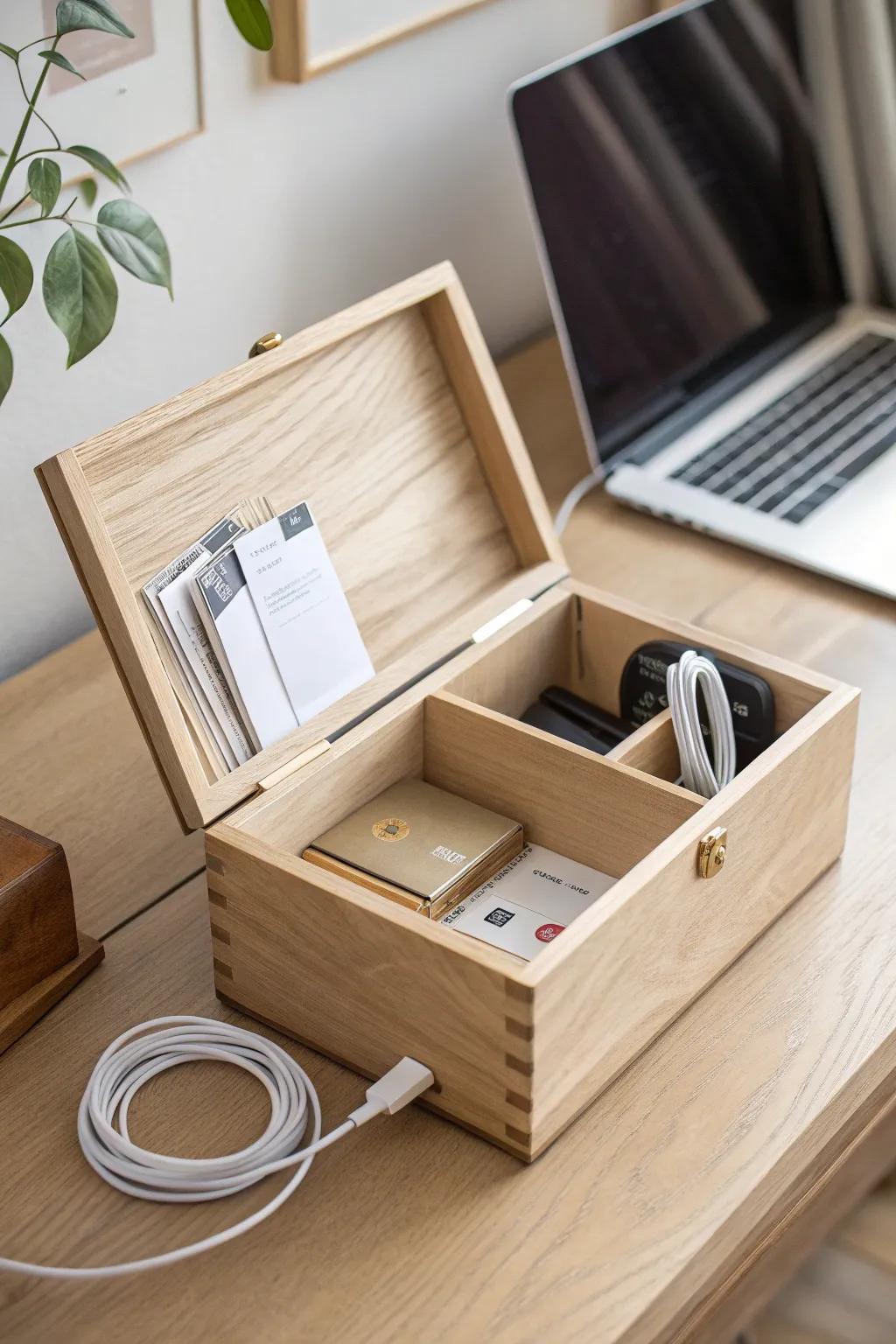 Flip-top plywood organizer box: hide chargers and receipts in seconds, keep your desk calm.