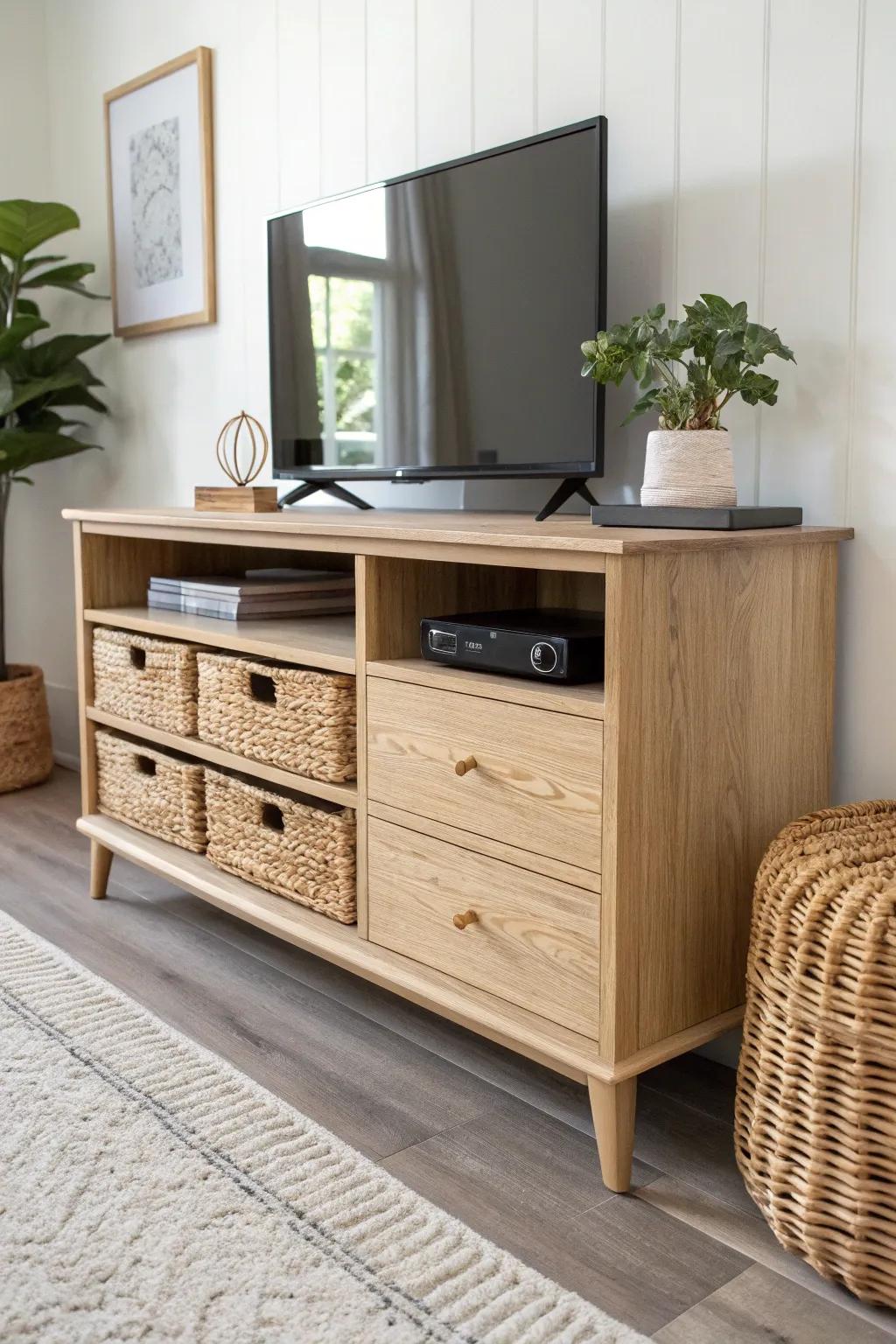 Turn an old dresser into a sleek media console with open cubbies and hidden cord holes.
