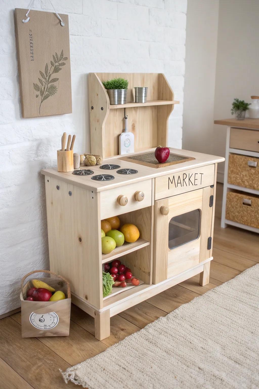 DIY play kitchen meets mini farm stand—one beautiful wood build for cooking and shopping play.