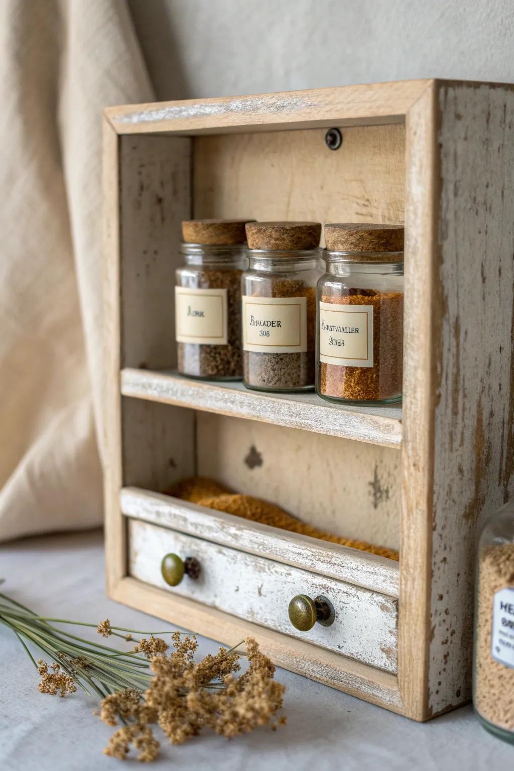 Turn a worn drawer into a chic wall spice rack—patina, simple shelves, and warm spices.