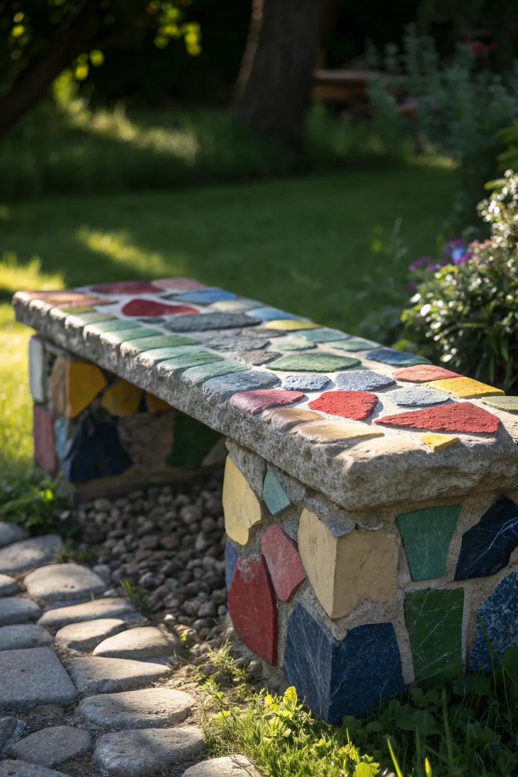 Transform your garden with this stunning color-block stone bench, where craftsmanship meets vibrant artistry.