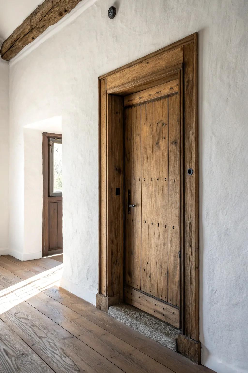 Weathered reclaimed-wood casing brings soulful texture to a clean, minimalist doorway.