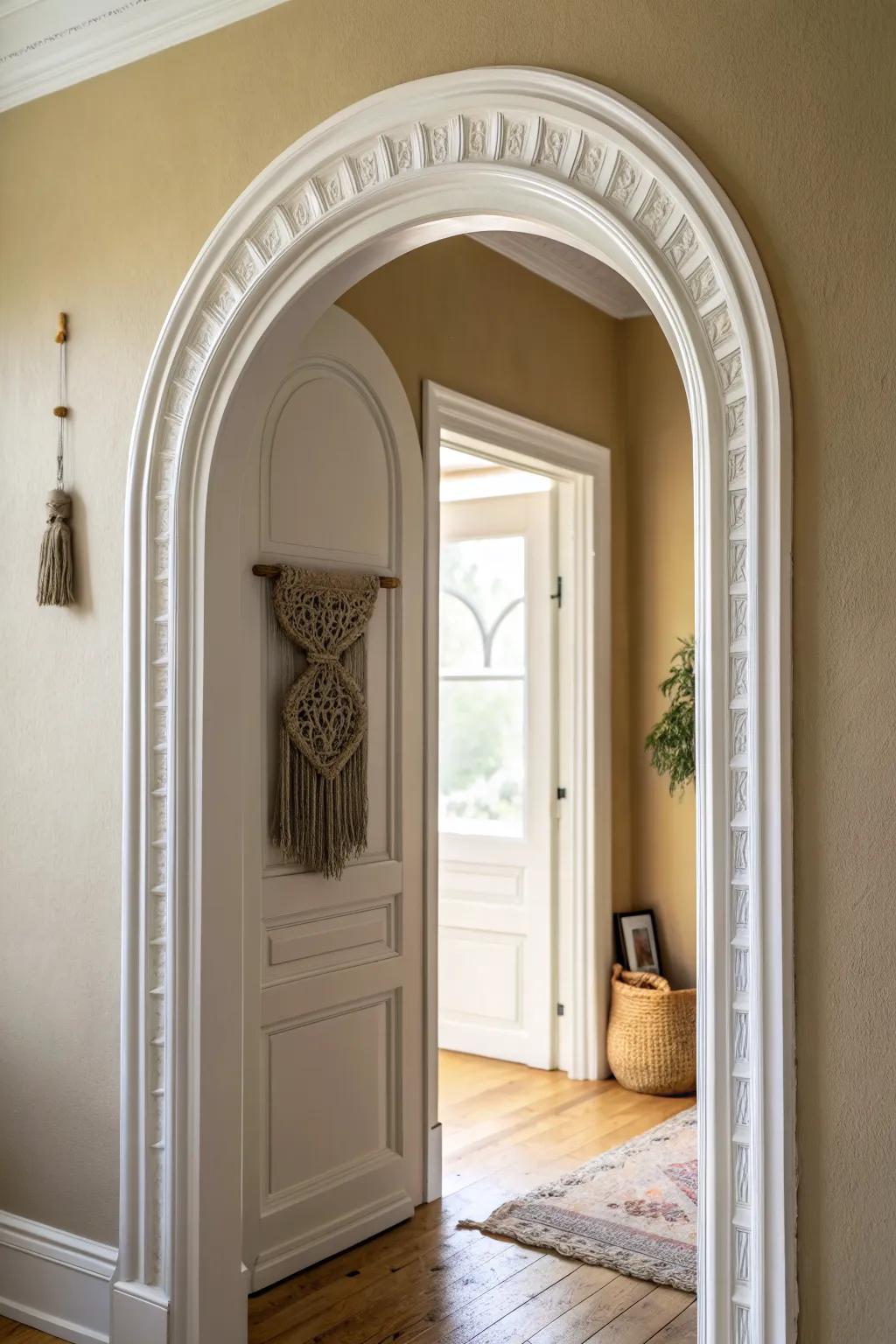 Simple painted trim lets the arched doorway shine—clean lines, soft contrast, timeless elegance.