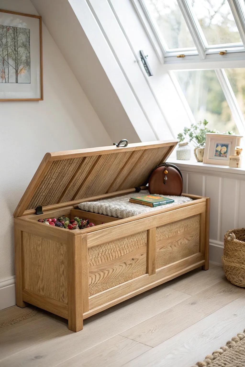 A clean-lined oak dormer toy bench with soft-close lid—beautiful storage that stays kid-safe.