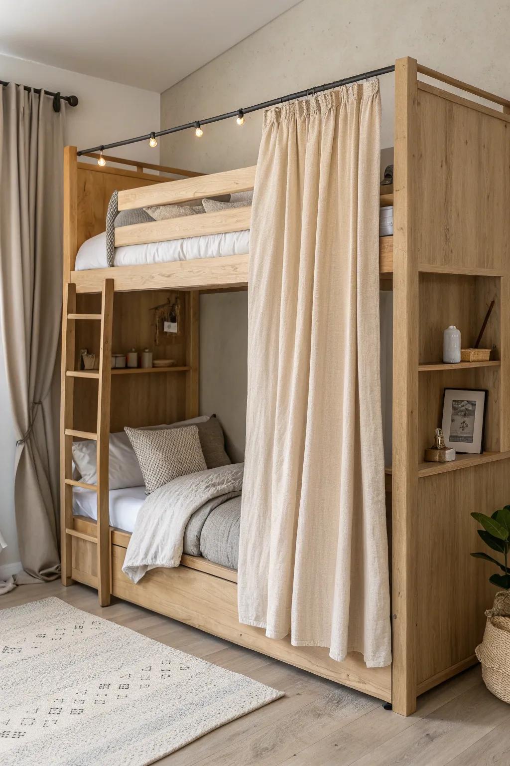 Turn a double deck bed into cozy bunk pods with soft linen privacy curtains.