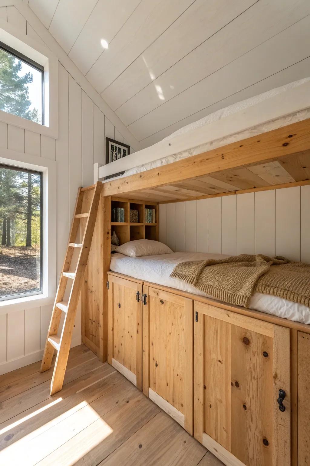 Lofted sleep nook above built-ins brings tiny-cabin warmth to a double garage studio.