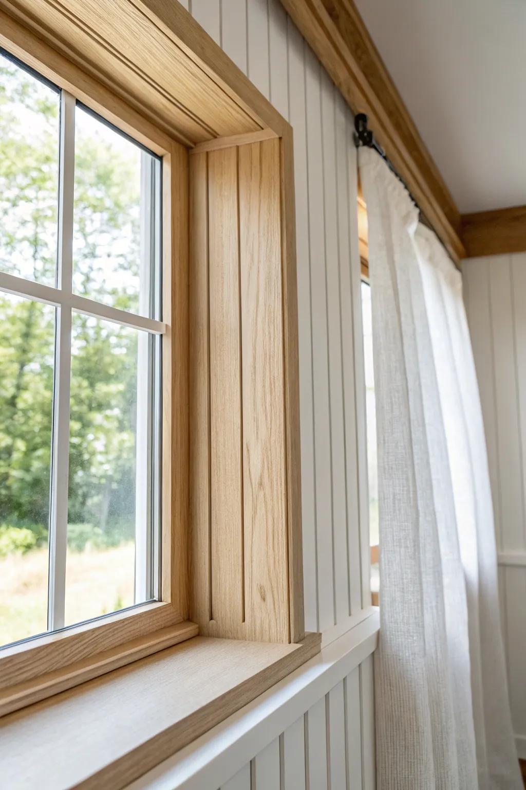 Beadboard surround + simple casing: cozy cottage depth for double windows, clean and timeless.