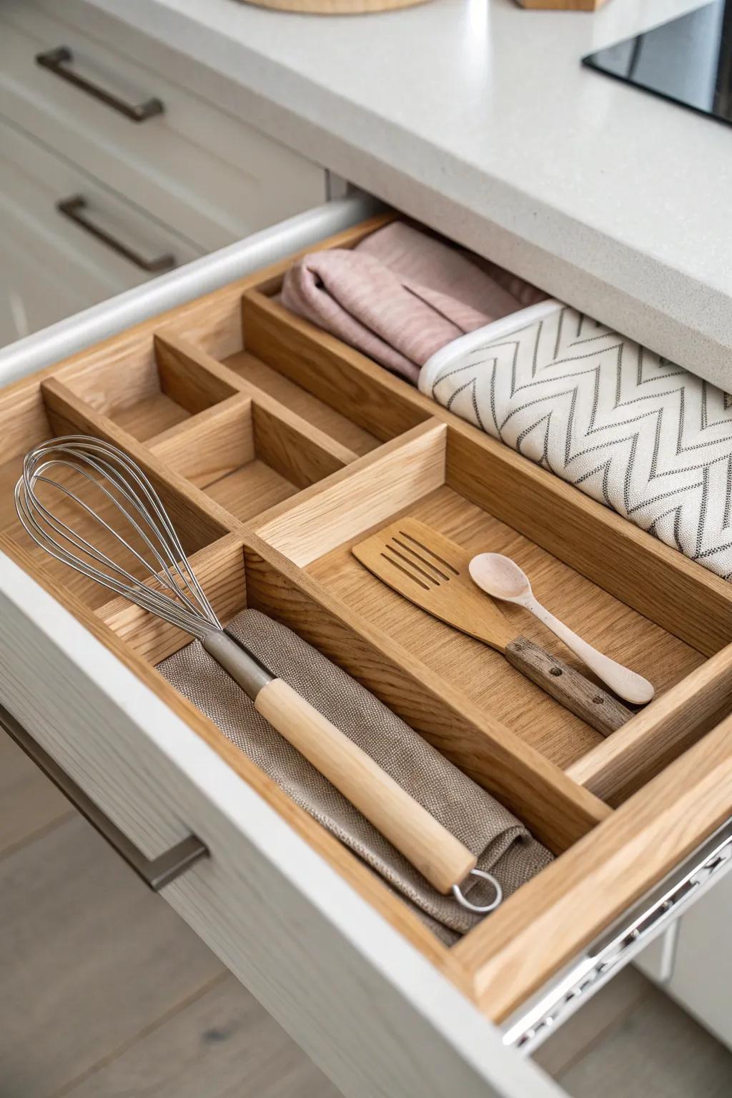 Angled wooden slots keep spatulas and whisks tidy—simple, beautiful drawer order.