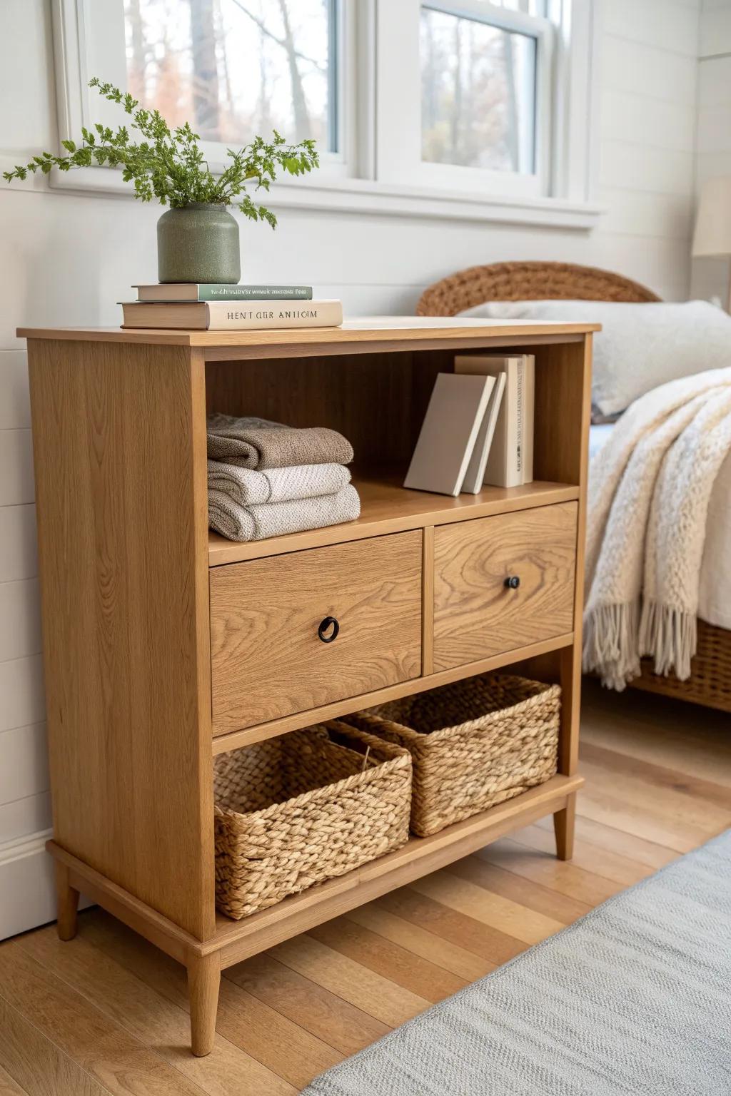 Turn a dresser into a nightstand—remove the top drawer for a tidy open-shelf cubby.
