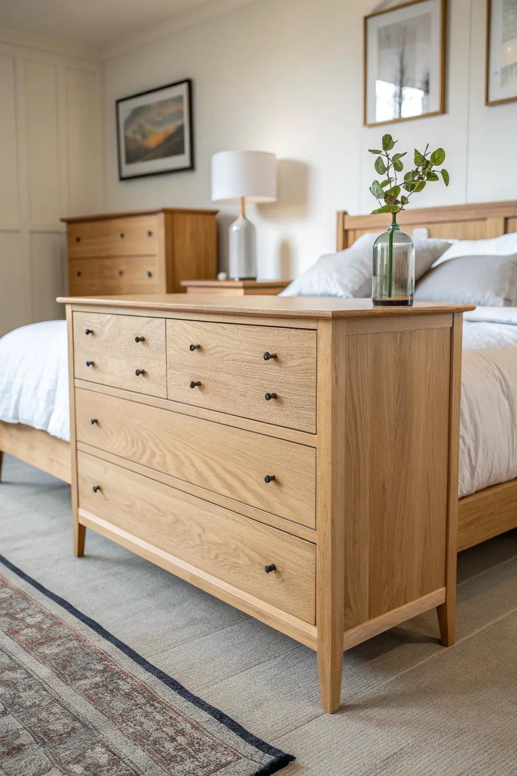 A foot-of-bed dresser that subtly defines a spacious suite—warm oak, calm lines, crafted beauty.