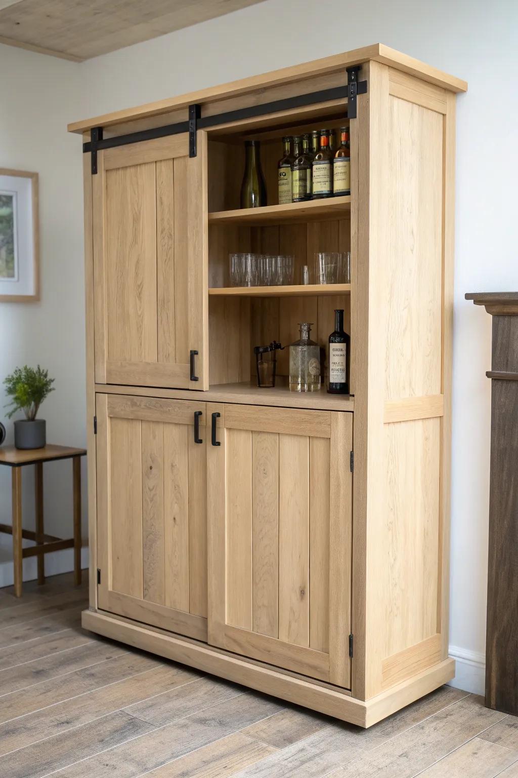 Sliding barn-style doors turn a wide dresser bar into a clean, built-in look—bottles hidden or shown.